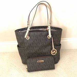 Michael Kors Jet Set Logo Monogram Signature Print Tote and Zip-Around Wallet